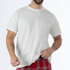Close-up of the plain white short-sleeve T-shirt from the Design Plus Men’s Check PJ Set Red.