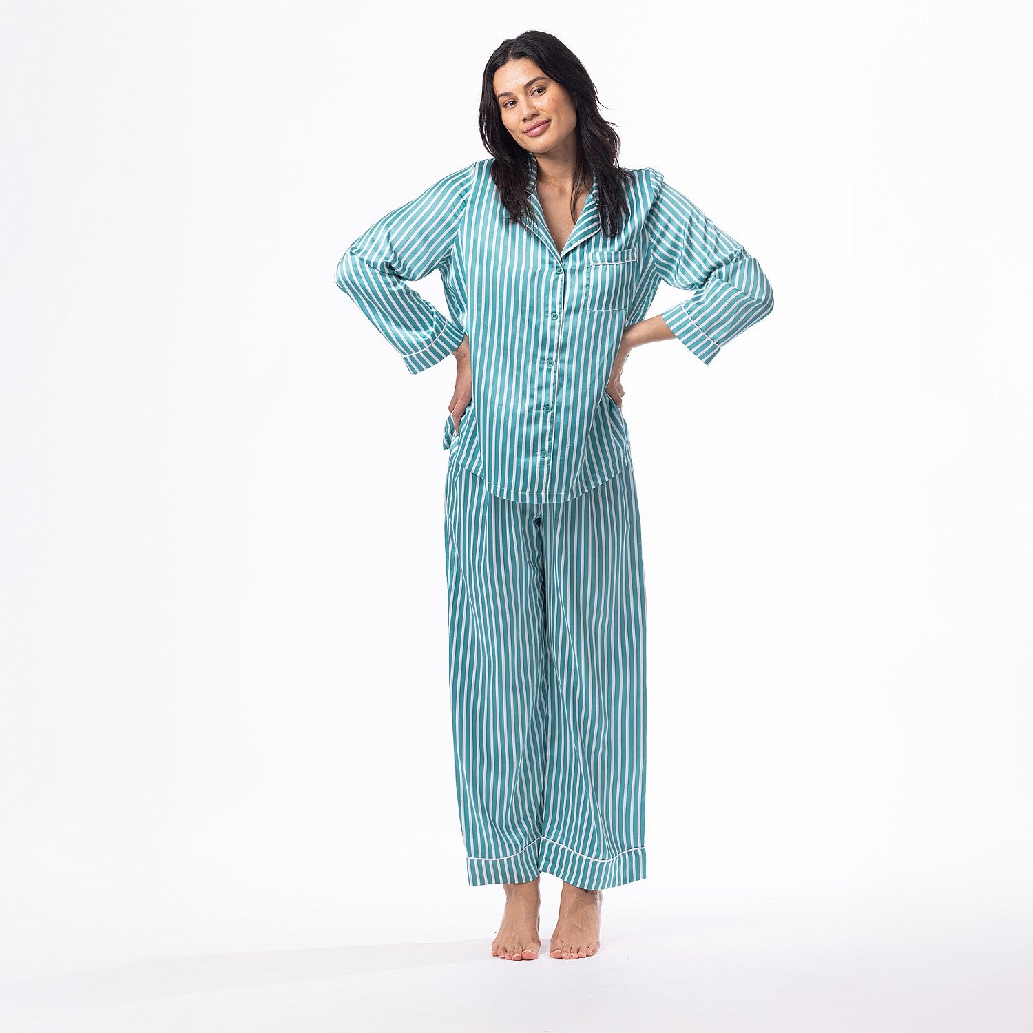 bb&b Sleep Long Sleeve Satin PJ Set Green Stripe