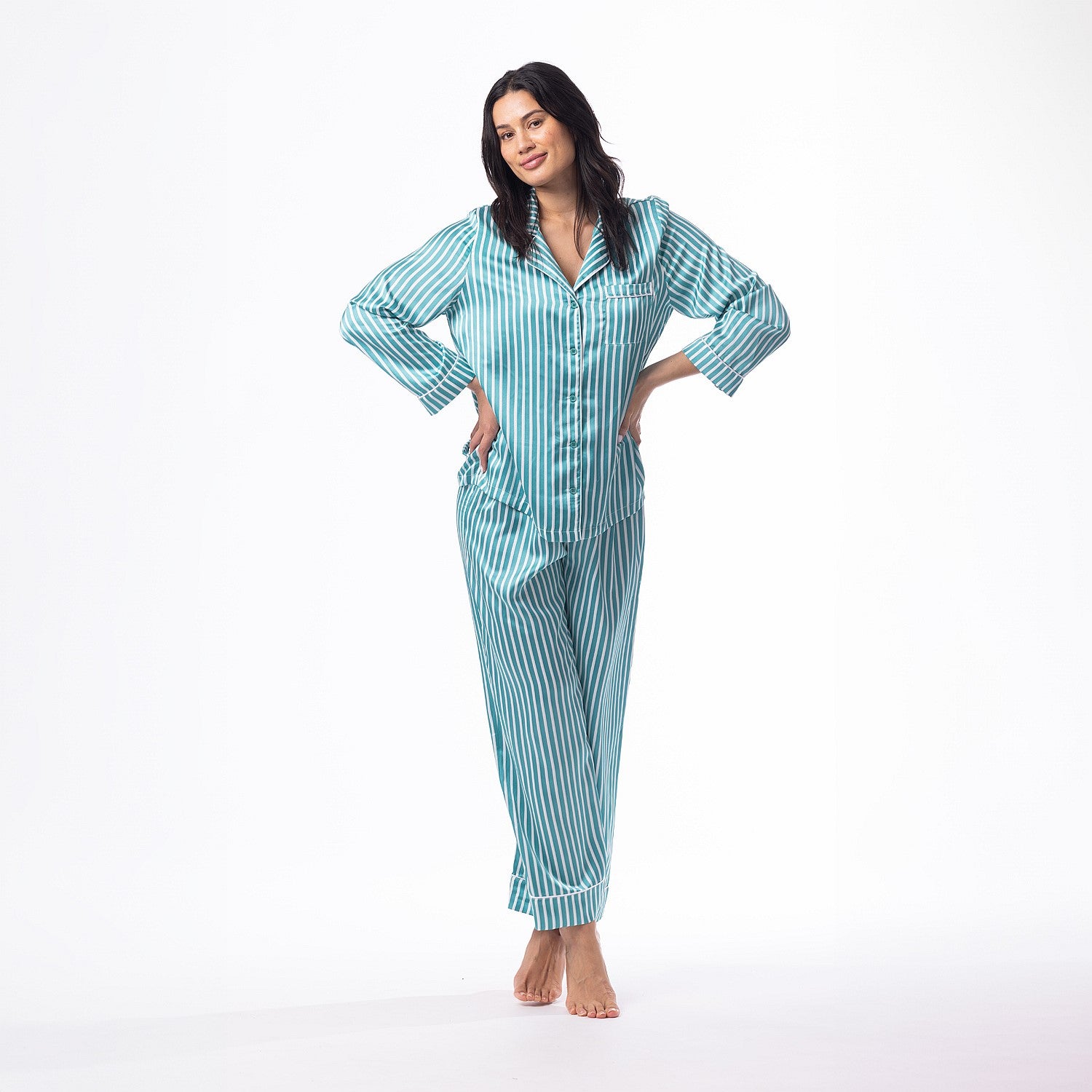 bb&b Sleep Long Sleeve Satin PJ Set Green Stripe