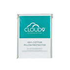Cloud 9 100% Cotton Pillow Protector packaging showing a cotton pillow protector in a reusable storage bag with product details displayed on the front.
