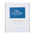 Cloud 9 Waterproof Terry Mattress Protector packaging showing a waterproof terry mattress protector in a reusable storage bag with product details displayed on the front.
