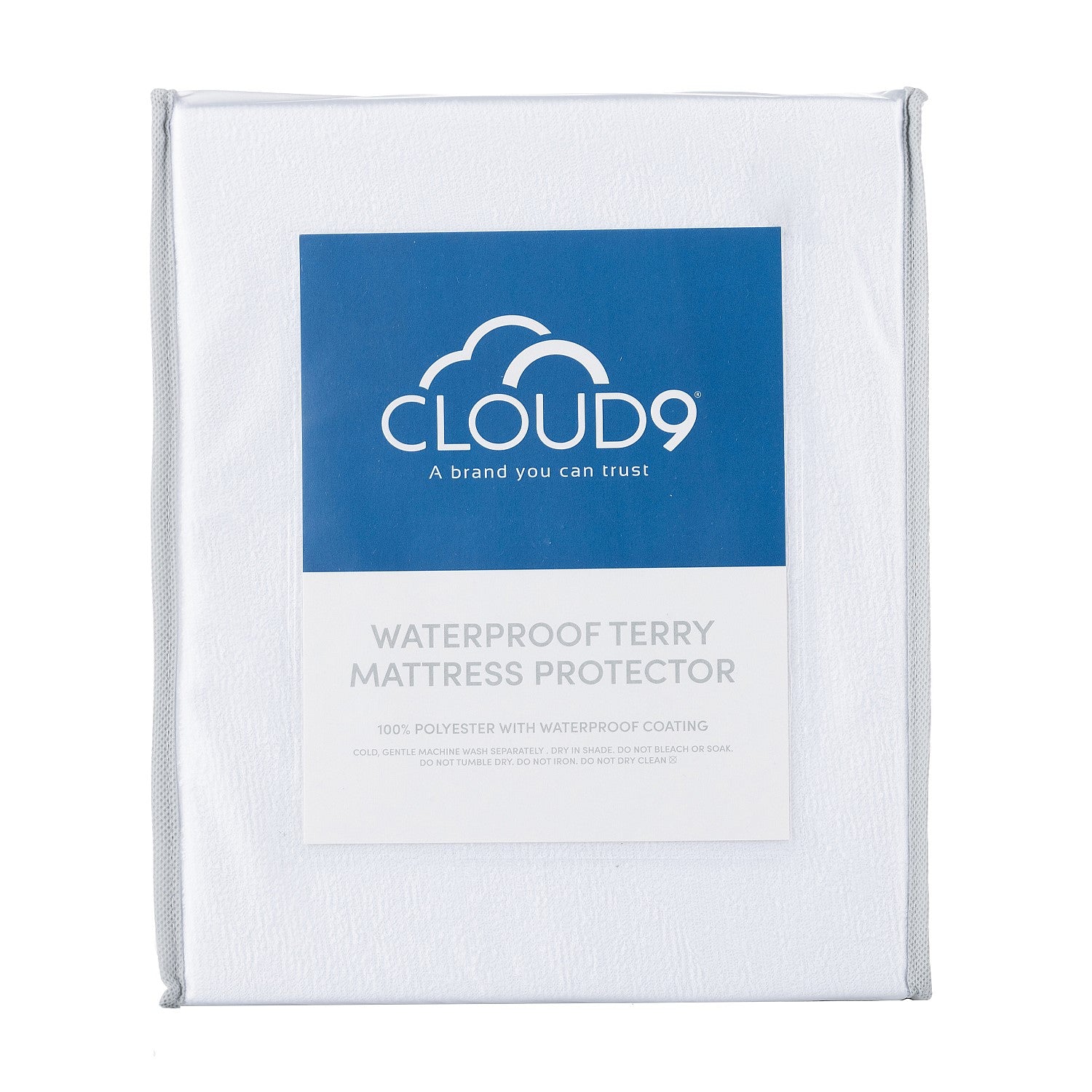 Cloud 9 Waterproof Terry Mattress Protector packaging showing a waterproof terry mattress protector in a reusable storage bag with product details displayed on the front.
