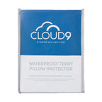 Cloud 9 Waterproof Terry Pillow Protector packaging showing a waterproof terry pillow protector in a reusable storage bag with product details displayed on the front.
