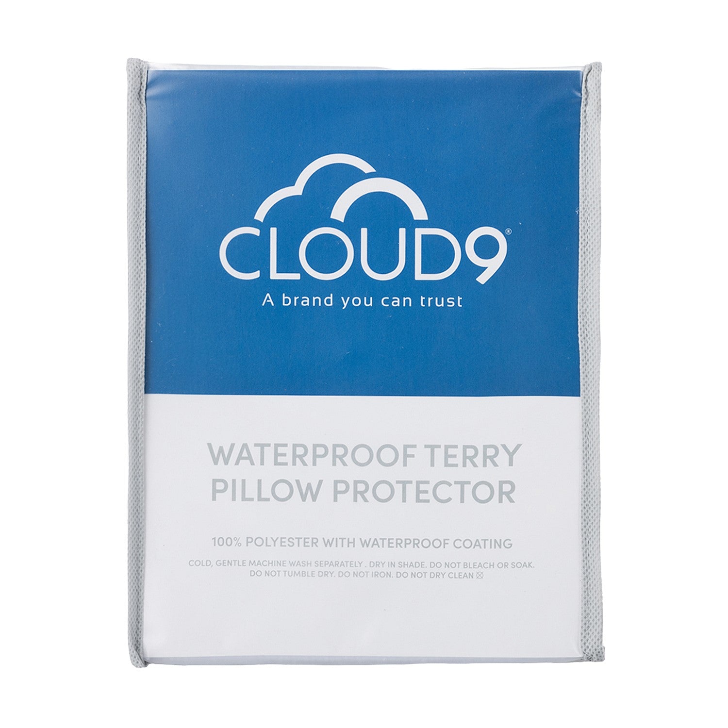Cloud 9 Waterproof Terry Pillow Protector packaging showing a waterproof terry pillow protector in a reusable storage bag with product details displayed on the front.
