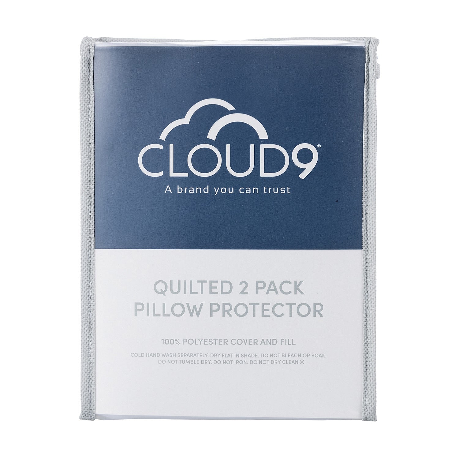 Cloud 9 Quilted 2 Pack Pillow Protector packaging showing two quilted pillow protectors in a reusable storage bag with product details displayed on the front.
