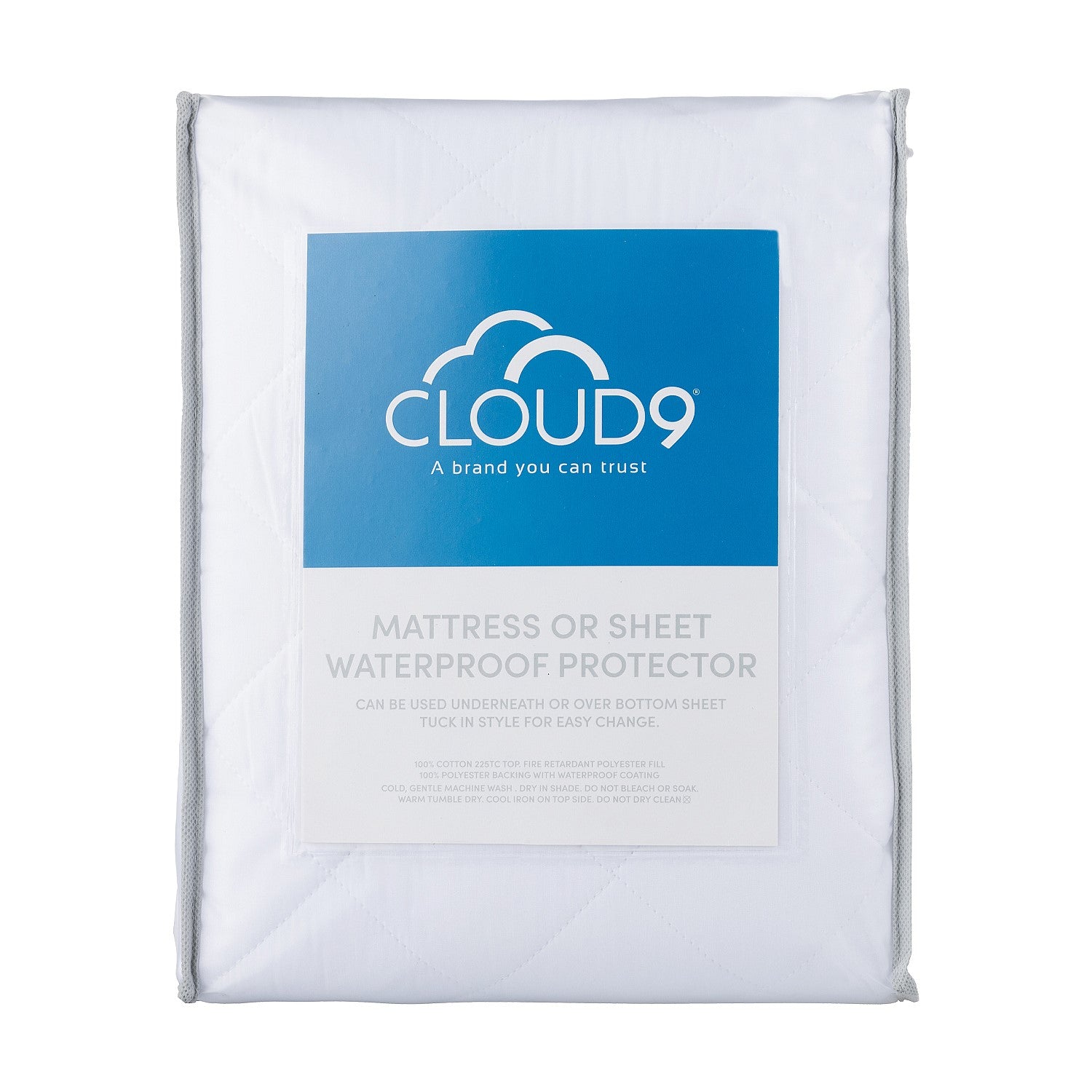 Cloud 9 Mattress or Sheet Waterproof Protector packaging displayed in a reusable storage bag with product details on the front.