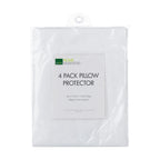 Home Essentials 4 Pack Pillow Protector packaging showing four pillow protectors in a reusable storage bag with product details displayed on the front.
