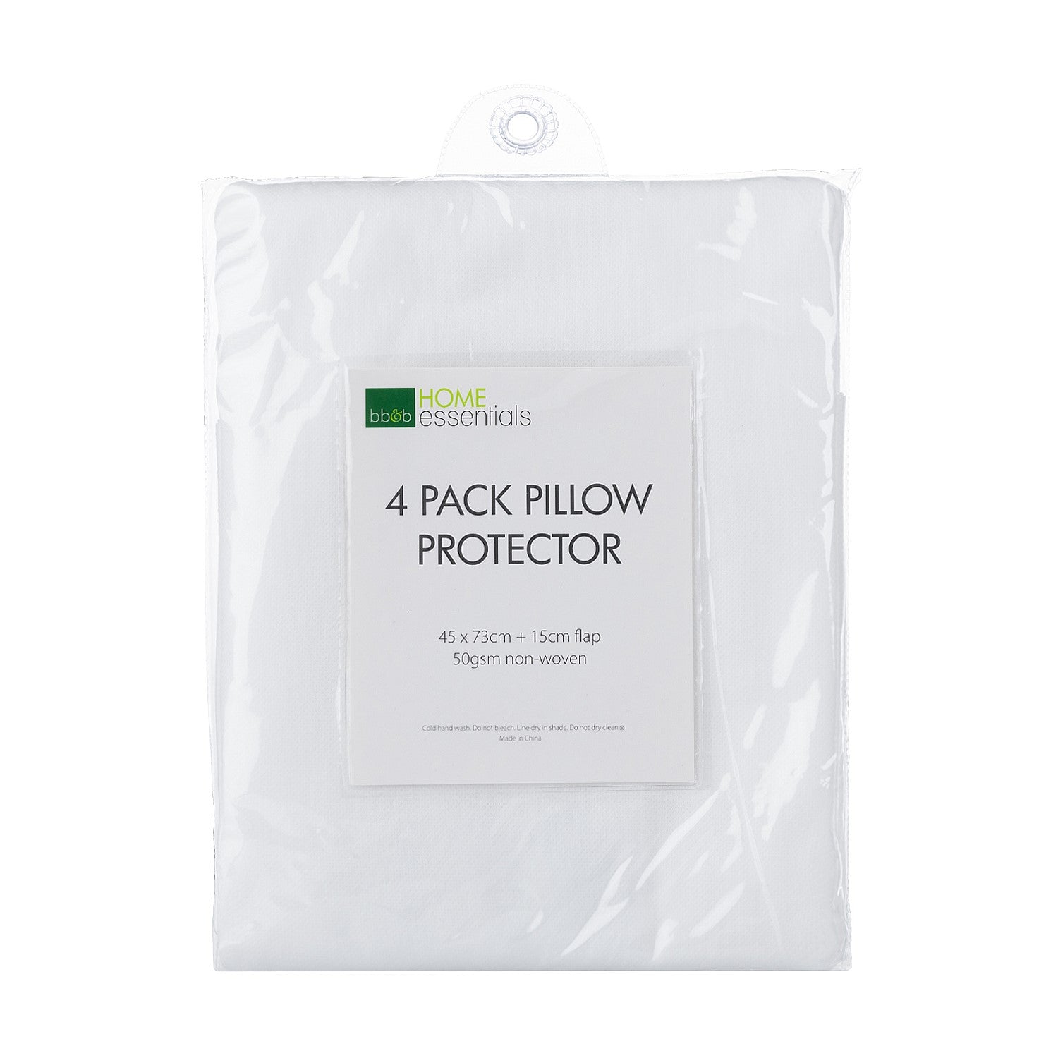 Home Essentials 4 Pack Pillow Protector packaging showing four pillow protectors in a reusable storage bag with product details displayed on the front.

