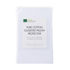 Home Essentials Pure Cotton Gusseted Pillow Protector packaging showing a gusseted 100% cotton pillow protector in a reusable storage bag with product details displayed on the front.