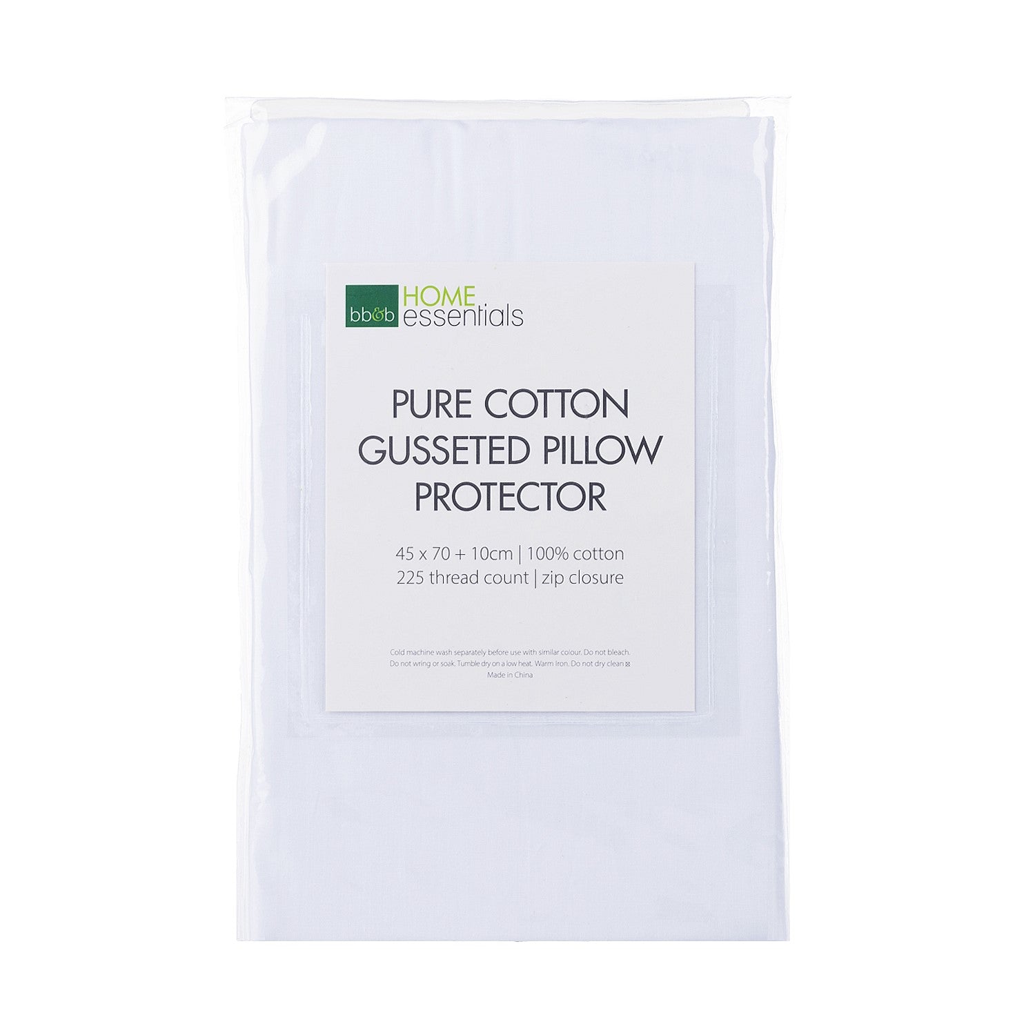 Home Essentials Pure Cotton Gusseted Pillow Protector packaging showing a gusseted 100% cotton pillow protector in a reusable storage bag with product details displayed on the front.