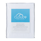 Cloud 9 Microfibre Waterproof Mattress Protector packaging showing a waterproof mattress protector in a reusable storage bag with product details displayed on the front.
