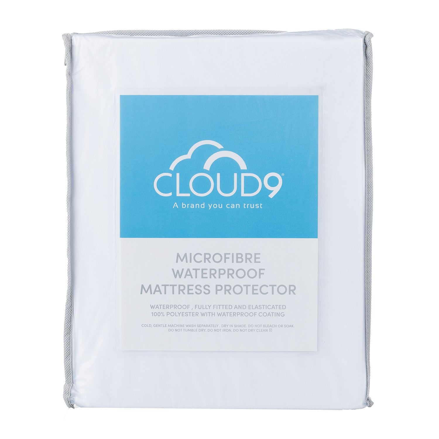 Cloud 9 Microfibre Waterproof Mattress Protector packaging showing a waterproof mattress protector in a reusable storage bag with product details displayed on the front.
