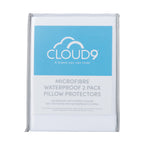 Cloud 9 Microfibre Waterproof 2 Pack Pillow Protectors packaging showing two waterproof pillow protectors in a reusable storage bag with product details displayed on the front.
