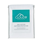Cloud 9 100% Cotton Mattress Protector packaging showing a cotton mattress protector in a reusable storage bag with product details displayed on the front.

