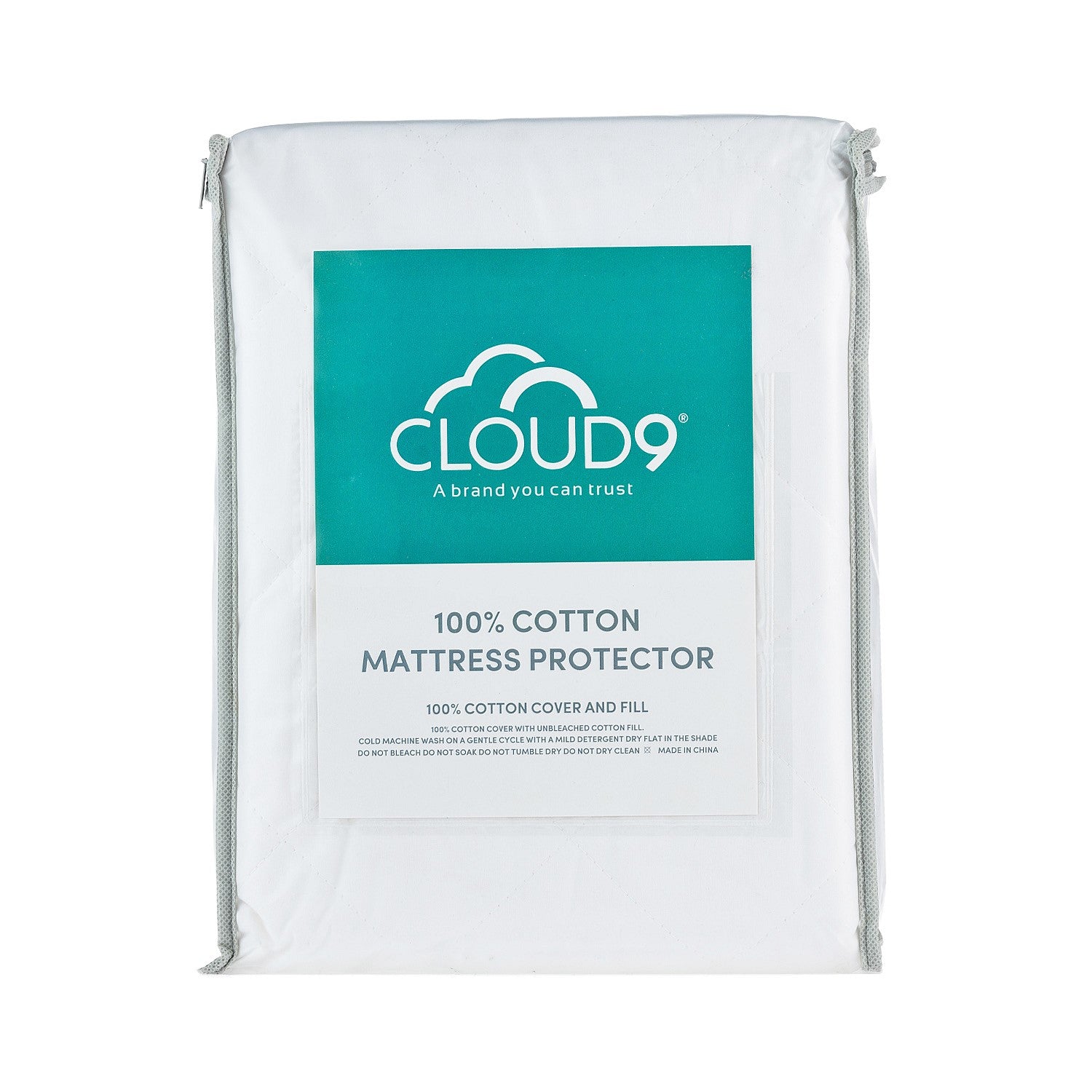 Cloud 9 100% Cotton Mattress Protector packaging showing a cotton mattress protector in a reusable storage bag with product details displayed on the front.
