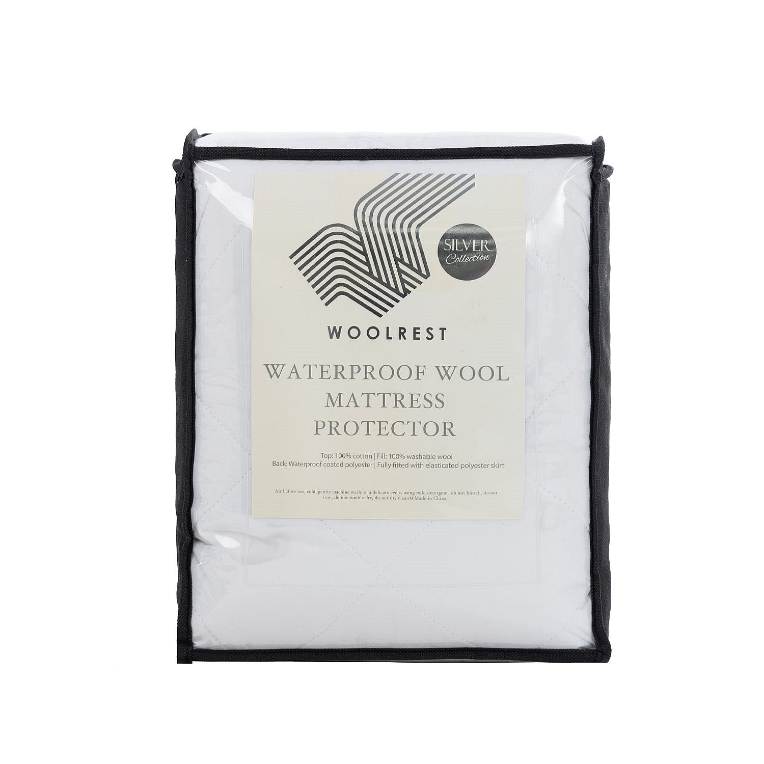 Woolrest Waterproof Wool Mattress Protector packaging showing a wool-filled waterproof mattress protector in a reusable zippered storage bag with product details displayed on the front.

