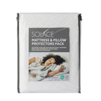 Solace Mattress & Pillow Protectors Pack packaging showing a coordinated mattress protector and pillow protector set in a reusable storage bag with product details and lifestyle imagery displayed on the front.
