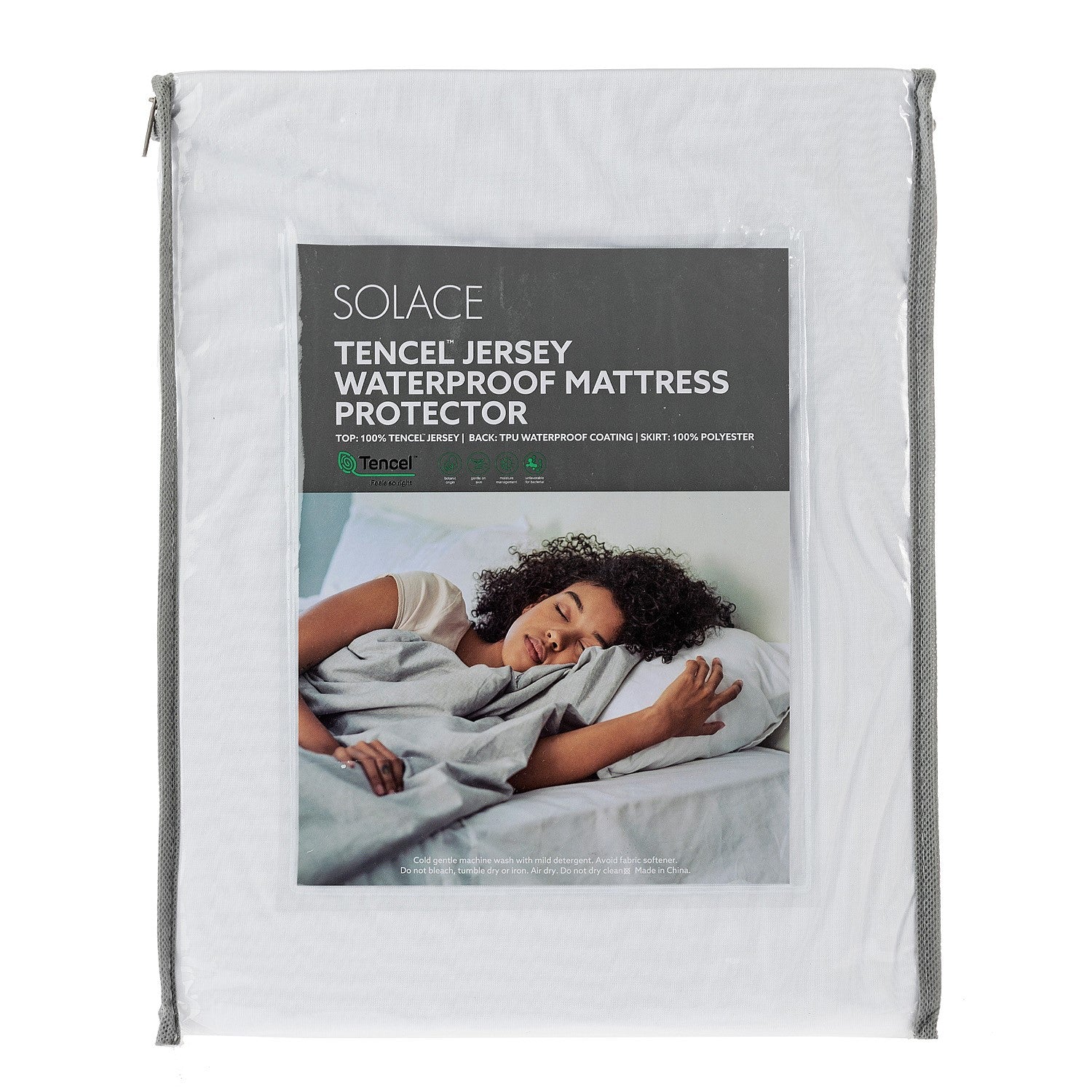 Solace Tencel Jersey Waterproof Mattress Protector packaging showing a waterproof mattress protector in a reusable storage bag with product details and lifestyle imagery displayed on the front.
