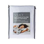 Solace Mattress & Pillow Protector Pack packaging showing a mattress protector and pillow protector set in a reusable storage bag with product details and lifestyle imagery.
