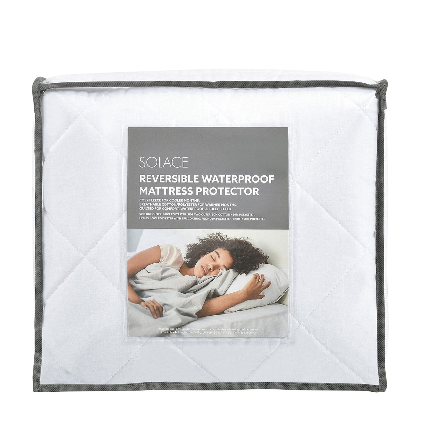 Solace Reversible Waterproof Mattress Protector packaging displayed in a reusable storage bag with product details and lifestyle imagery.