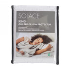 Solace King Quilted Pillow Protector packaging showing a king-size quilted pillow protector in a reusable zippered storage bag with product details and lifestyle imagery.
