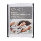 Solace Gusset Quilted Pillow Protector packaging showing a gusseted pillow protector in a reusable zippered storage bag with product details and lifestyle imagery.