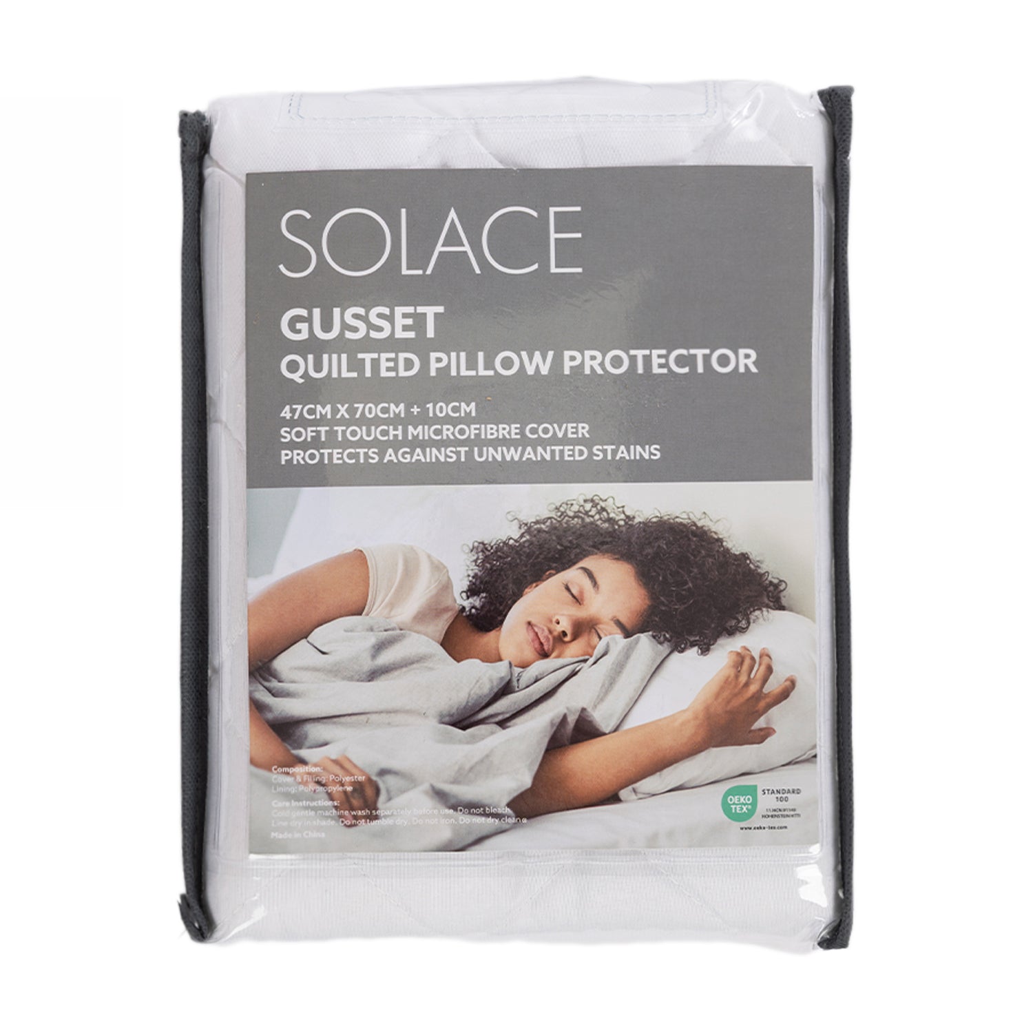Solace Gusset Quilted Pillow Protector packaging showing a gusseted pillow protector in a reusable zippered storage bag with product details and lifestyle imagery.