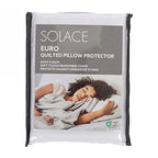 Solace Euro Quilted Pillow Protector packaging showing a quilted pillow protector in a reusable zippered storage bag with product details and lifestyle imagery.