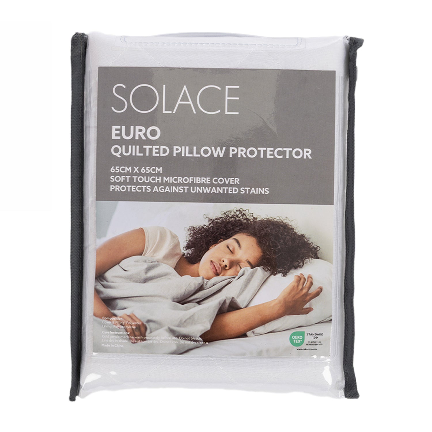 Solace Euro Quilted Pillow Protector packaging showing a quilted pillow protector in a reusable zippered storage bag with product details and lifestyle imagery.