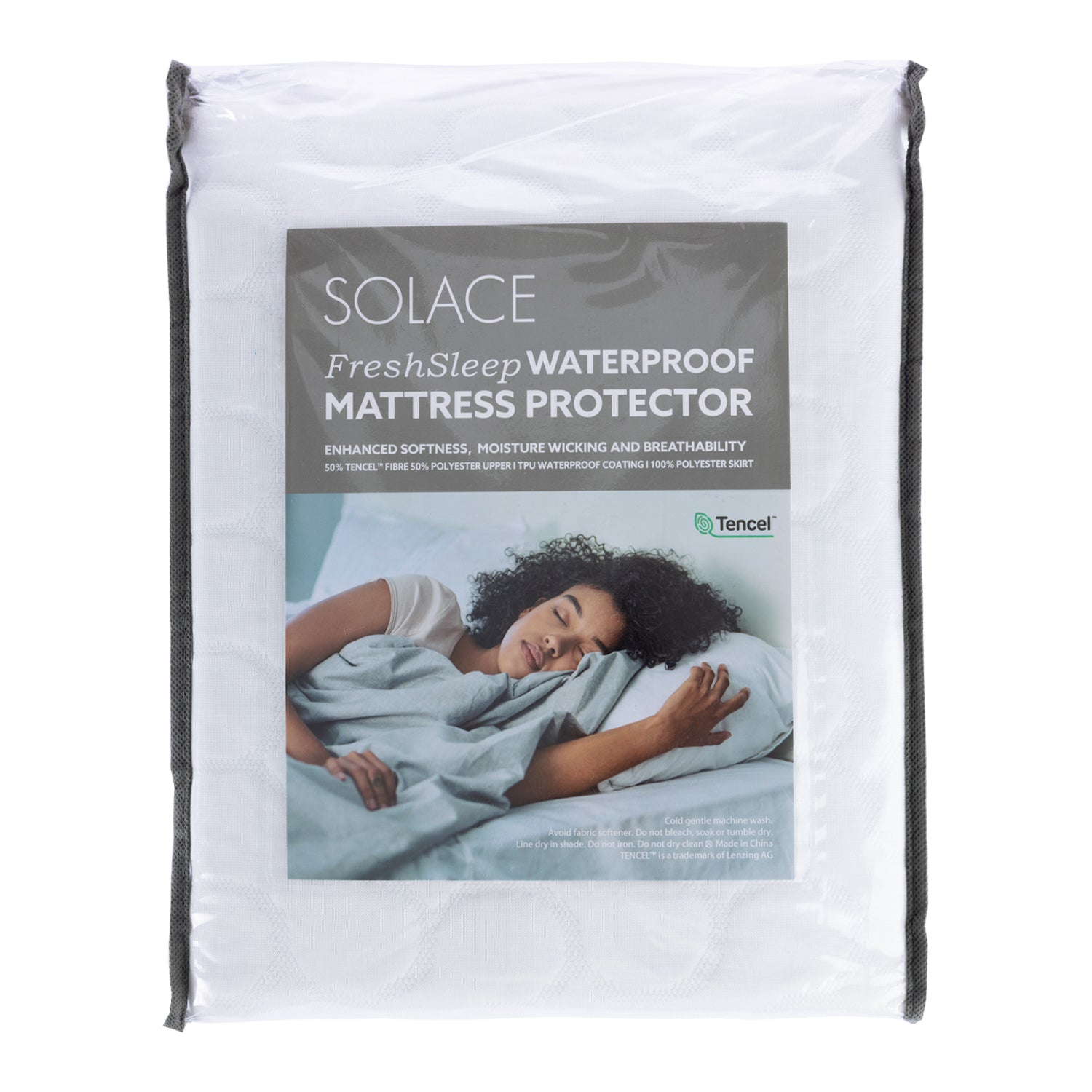Solace FreshSleep Waterproof Mattress Protector in white packaging with grey trim and front product label.