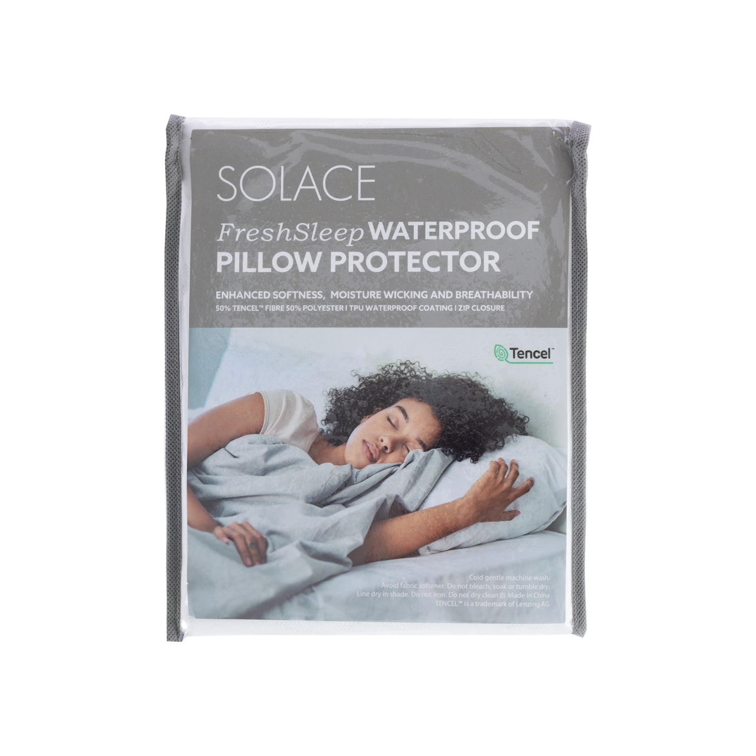 Solace FreshSleep Waterproof Pillow Protector in white packaging with grey trim and front product label.