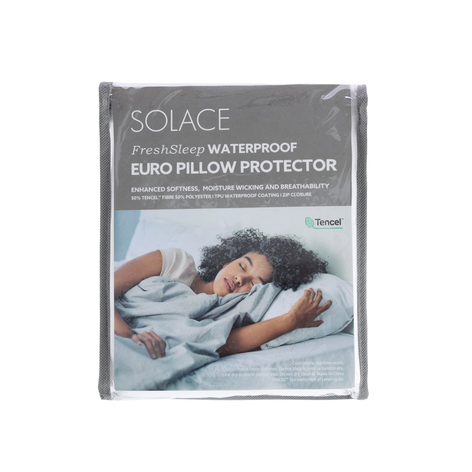 Solace FreshSleep Waterproof Euro Pillow Protector in white packaging with grey trim and front product label.