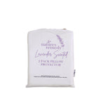 White drawstring storage bag containing a 2 pack of Nature's Remedy Lavender Scented Pillow Protectors, featuring lavender purple lettering and delicate floral illustrations.