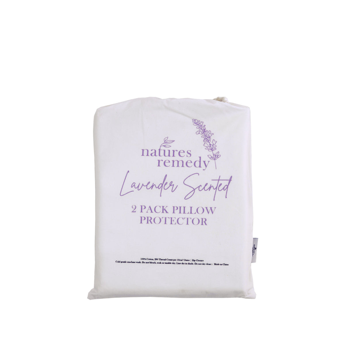 White drawstring storage bag containing a 2 pack of Nature's Remedy Lavender Scented Pillow Protectors, featuring lavender purple lettering and delicate floral illustrations.