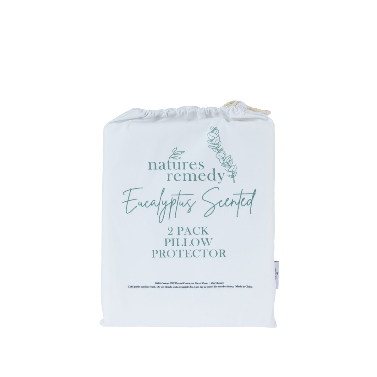 White drawstring storage bag containing a 2 pack of Nature's Remedy Eucalyptus Scented Pillow Protectors, featuring soft green lettering and eucalyptus leaf illustrations.