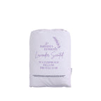 Folded white Nature's Remedy Lavender Scented Waterproof Pillow Protector featuring lavender purple branding, a delicate lavender illustration and a product label.
