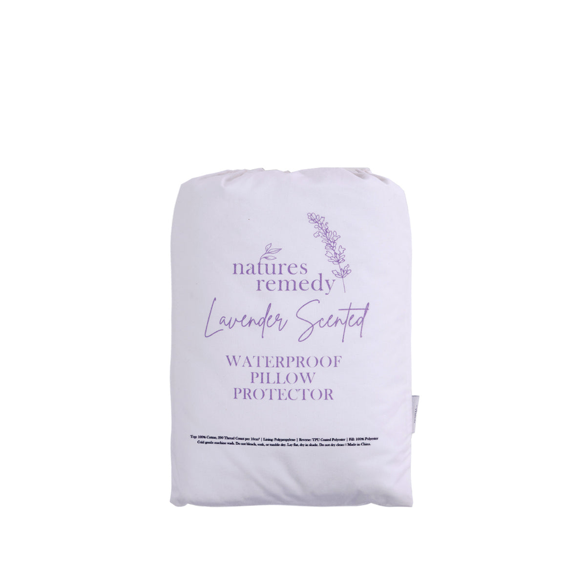 Folded white Nature's Remedy Lavender Scented Waterproof Pillow Protector featuring lavender purple branding, a delicate lavender illustration and a product label.