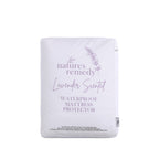 Folded white Nature's Remedy Lavender Scented Waterproof Mattress Protector featuring lavender purple lettering, a delicate lavender illustration and a small fabric label on the side.