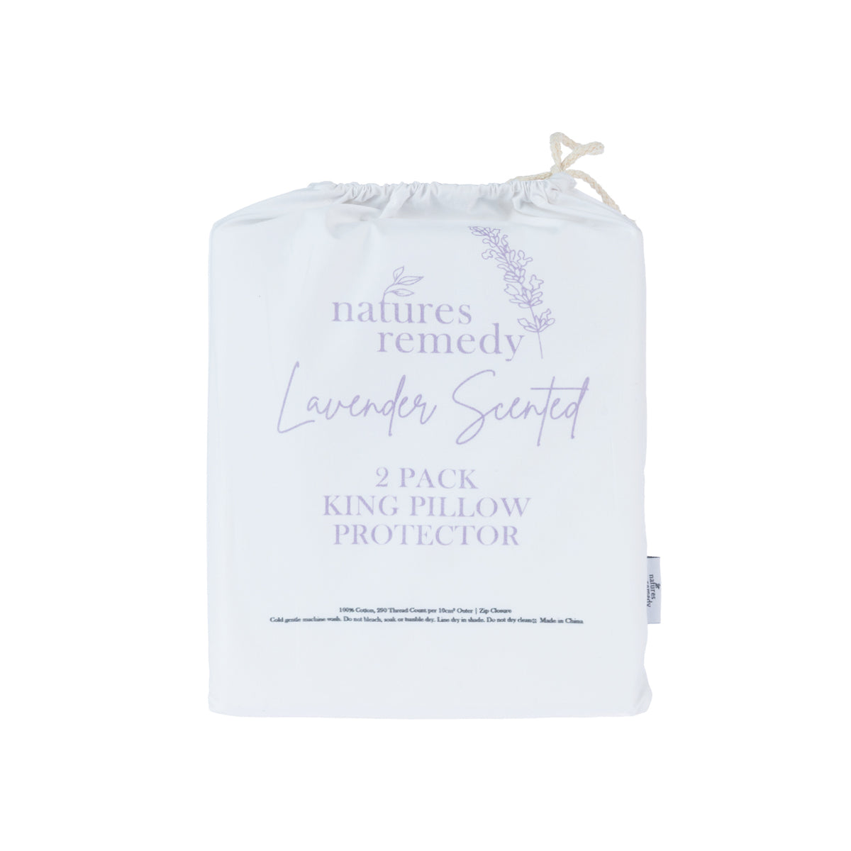 Nature’s Remedy Lavender Scented 2 Pack King Pillow Protector in White, presented in a drawstring storage bag.