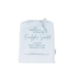 White drawstring storage bag for the Nature’s Remedy Eucalyptus Scented King Pillow Protector 2 Pack, featuring teal botanical illustrations and printed product details.