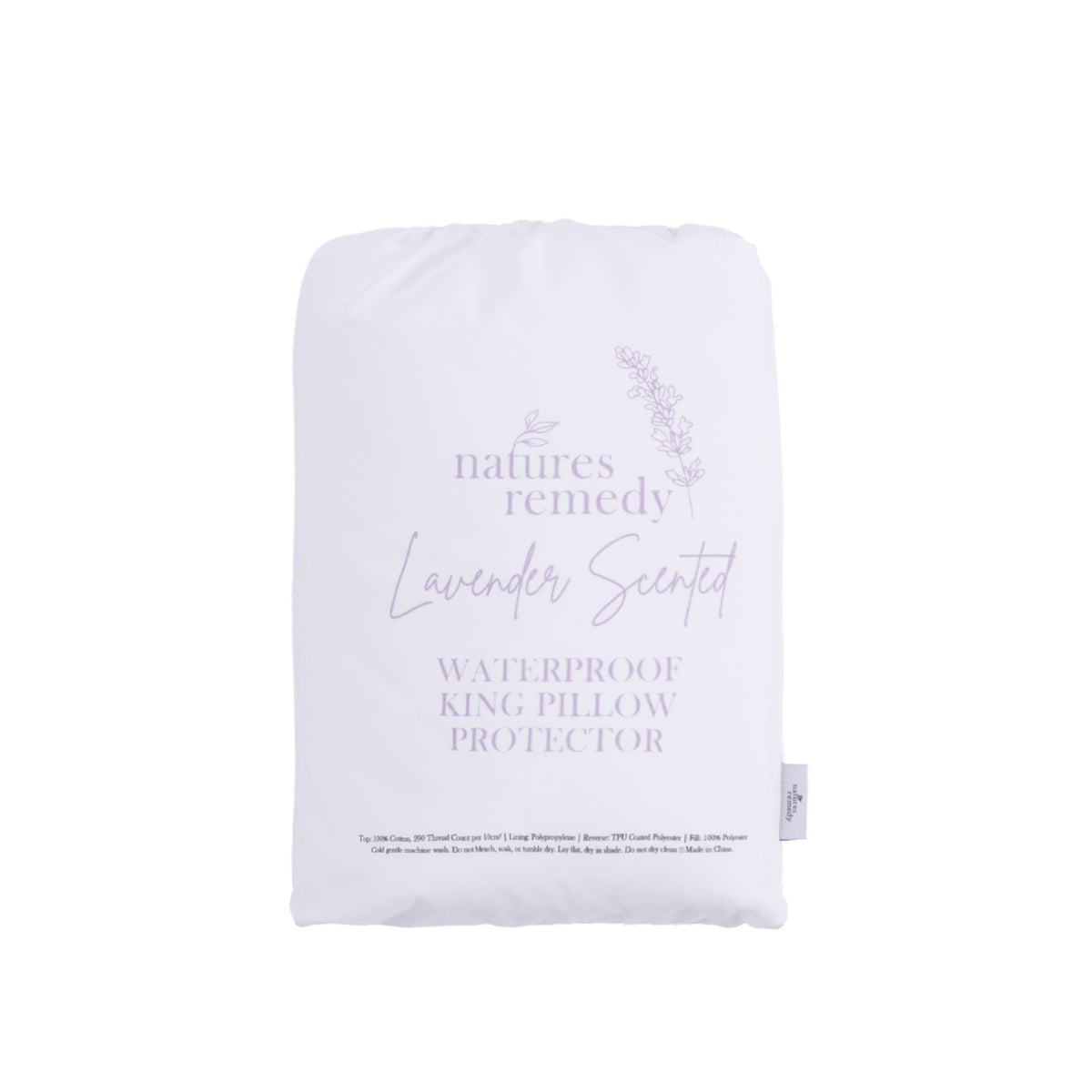 Nature’s Remedy Lavender Scented Waterproof King Pillow Protector in White, presented in its branded storage bag.