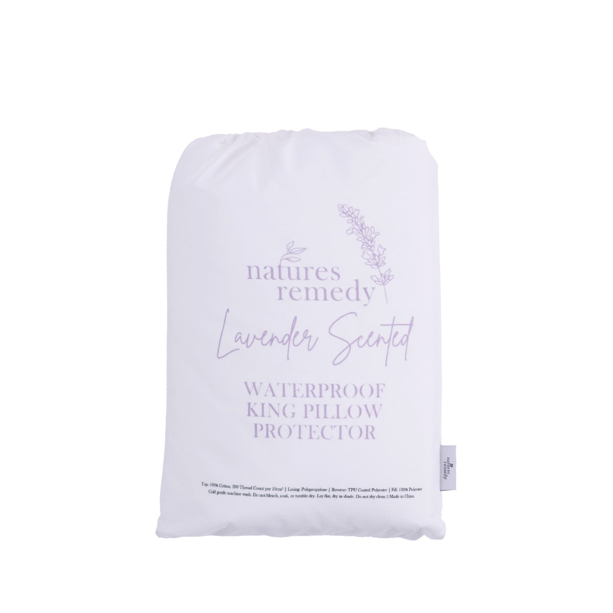 White storage bag for the Nature’s Remedy Lavender Scented Waterproof King Pillow Protector, featuring soft purple botanical illustrations and printed product details.