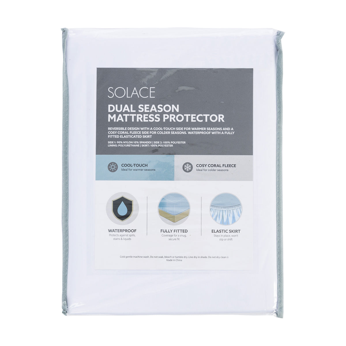 Packaged Solace Dual Season Mattress Protector in white, featuring product information for its reversible cool-touch and cosy coral fleece sides, waterproof protection and elasticated skirt.