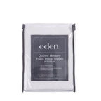 Eden Quilted Memory Foam Pillow Topper in European size, featuring a white quilted design and packaged in a clear zippered storage bag.