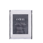 Eden Quilted Memory Foam Pillow Topper in King size, featuring a white quilted design and packaged in a clear zippered storage bag.