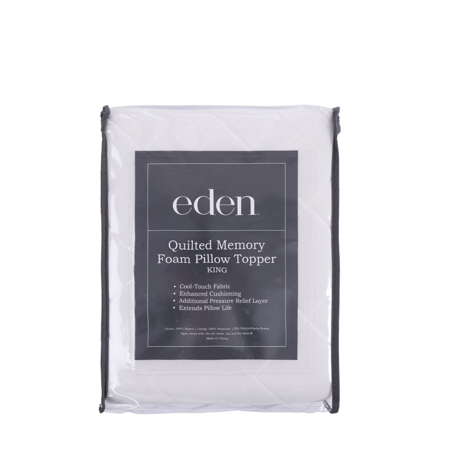 Eden Quilted Memory Foam Pillow Topper in King size, featuring a white quilted design and packaged in a clear zippered storage bag.