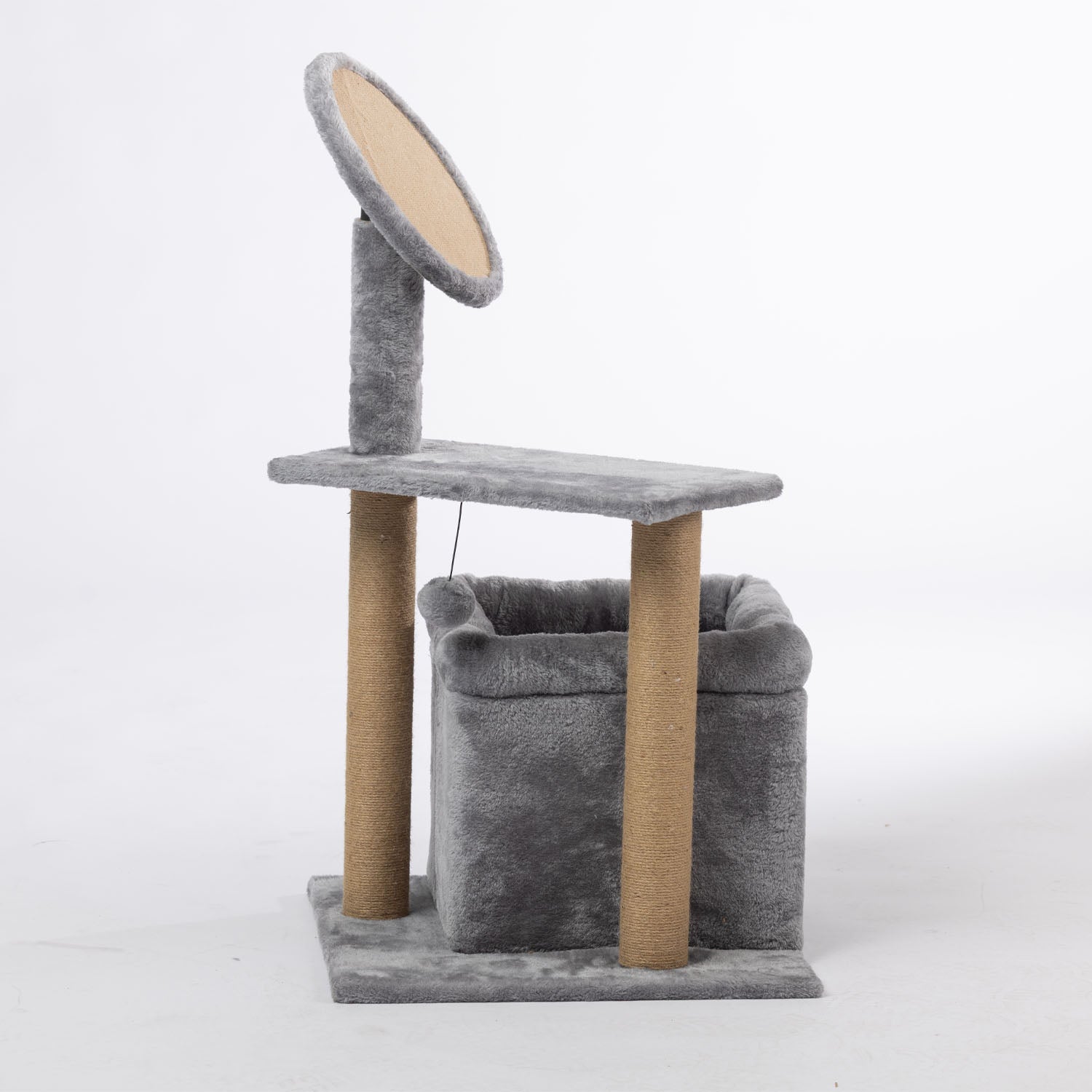 Grey cat scratching tower with a plush cubby bed, elevated platform, sisal-wrapped scratching posts, hanging pom-pom toy, and angled round scratching pad.