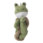 Green plush frog dog toy with a soft textured body, rope loop, brown fabric accents, and an embroidered face with raised eyes.