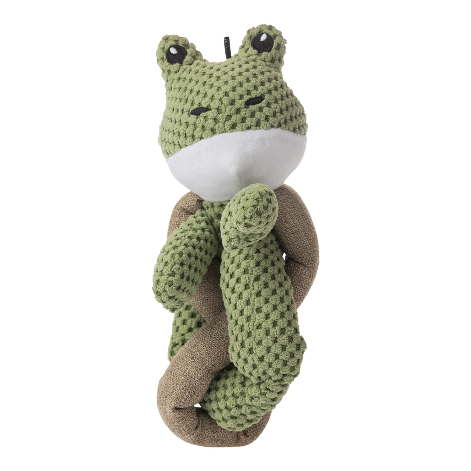 Green plush frog dog toy with a soft textured body, rope loop, brown fabric accents, and an embroidered face with raised eyes.