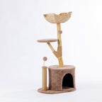 Angled view of the mocha cat tower with a woven basket bed, elevated perch, plush hideaway cubby, sisal scratching post, and hanging pom-pom toy.